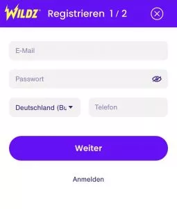 Our mobile screenshot shows the first step in registering on Wildz. Here the email, password, and phone number must be entered.