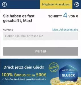 Our mobile screenshot shows the fourth step in registration on DrückGlück.