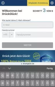 Our mobile screenshot shows the third step in registration on DrückGlück.