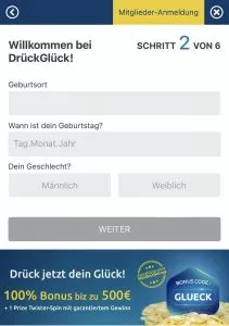 Our mobile screenshot shows the second step in registration at DrückGlück.
