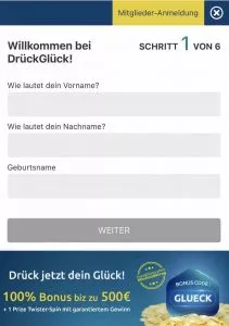 Our mobile screenshot shows the first step in registration at DrückGlück.