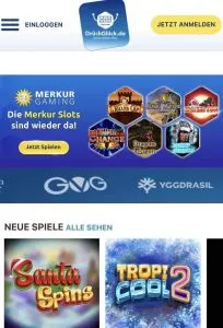 Our mobile screenshot shows the homepage of DrückGlück.